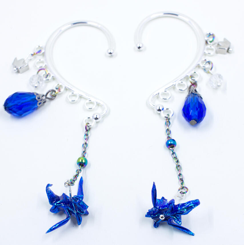 Blue Origami Dragon Over Ear Cuff